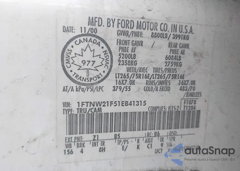 2001 Ford F-250 Lariat/Xl/Xlt z USA, uszkodzony, nr VIN 1FTNW21F51EB41315